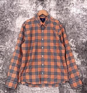Wool & Prince Shirt Large Mens 100% Wool Orange Gingham Check Long Sleeve